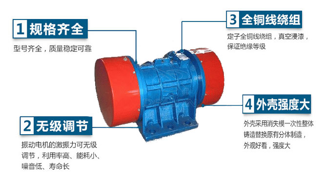 VB振動電機特點：1，規格齊全：型號齊全，質量穩定可靠。2，無極調節：振動電機的激振力可無極調節，利用率高，能耗小，噪音低，壽命長。4，外殼輕度大：外殼采用消失模一次性整體鑄造替換原有分體制造，外觀好看，強度大。