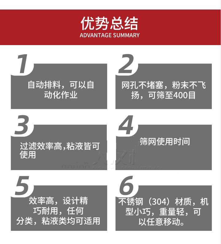 過濾篩優勢總結：1，自動排料，可以自動化作用。2，網孔不堵塞，粉塵不飛揚，可篩至400目。3，過濾效率高，任何粒，粉，粘液也可使用。4，篩網設計大大提高了篩網使用時間，也魏換網提高了方便。5，效率高，設計精巧耐用，任何分類設計精巧耐用，任何分類，粘液類均可適用。6，不銹鋼材質機型小巧，重量輕，可以任意移動。