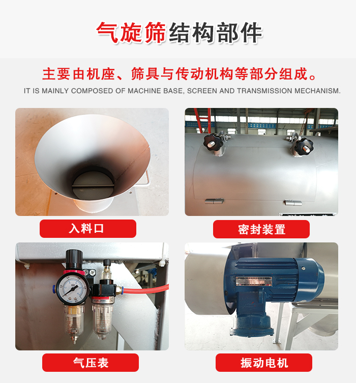 氣旋篩結構：入料口，密封裝置，電機，氣壓表等